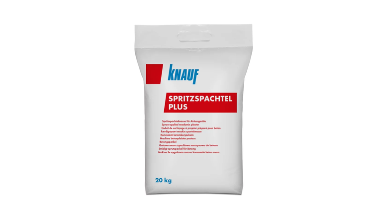 SPRITZSPACHTEL PLUS, im weißen Sack mit einem roten und blauen Etikett.